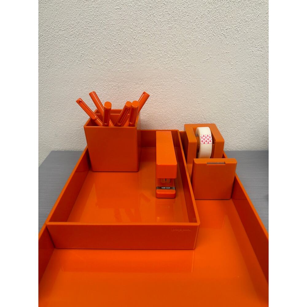 Vintage MCM Poppin Orange Desk Organizer Caddy Tape Dispenser Stapler Pens